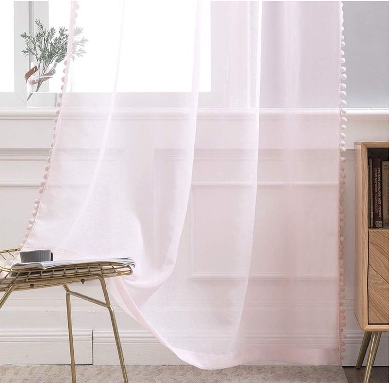 Cortinas Rosa con Pompones 140*160cm (2 piezas)