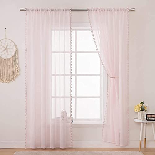 Cortinas Rosa con Pompones 140*160cm (2 piezas)