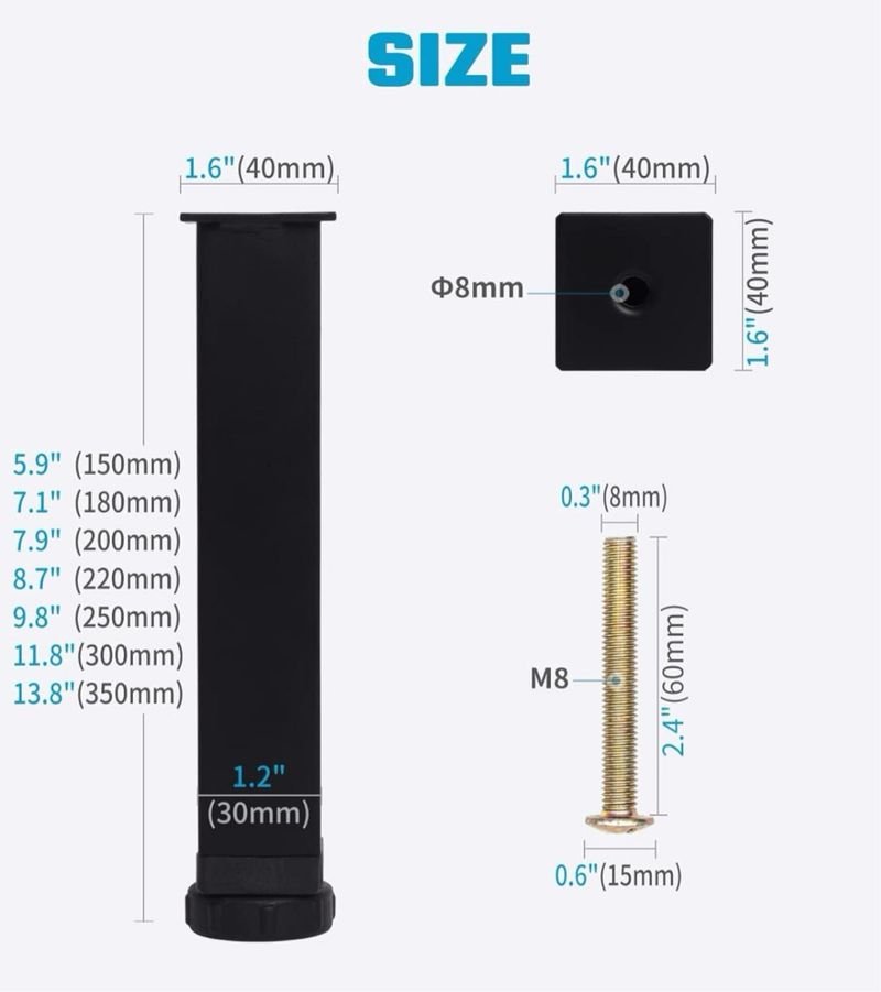 6 Patas de cama ajustables - 35 cm